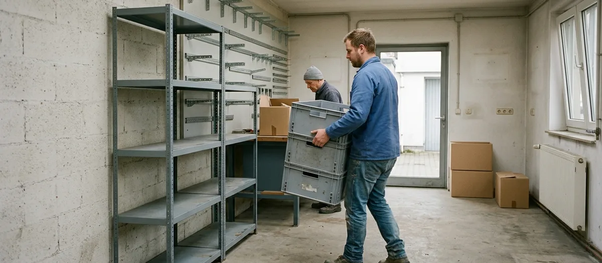 Mitarbeiter trägt eine graue Stapelkiste, dahinter leer geräumte Metallregale