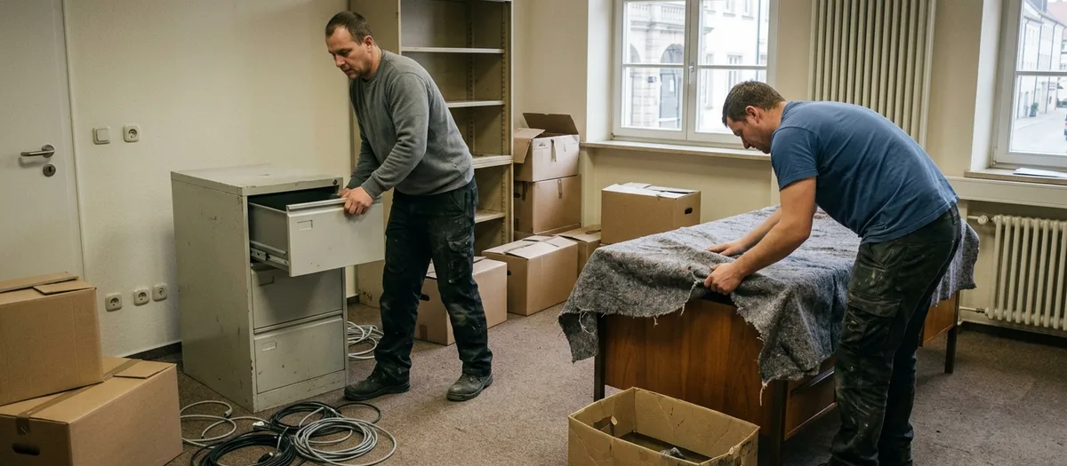 Zwei Mitarbeiter sichern Aktenschrank und Schreibtisch in einem ausgeräumten Büro