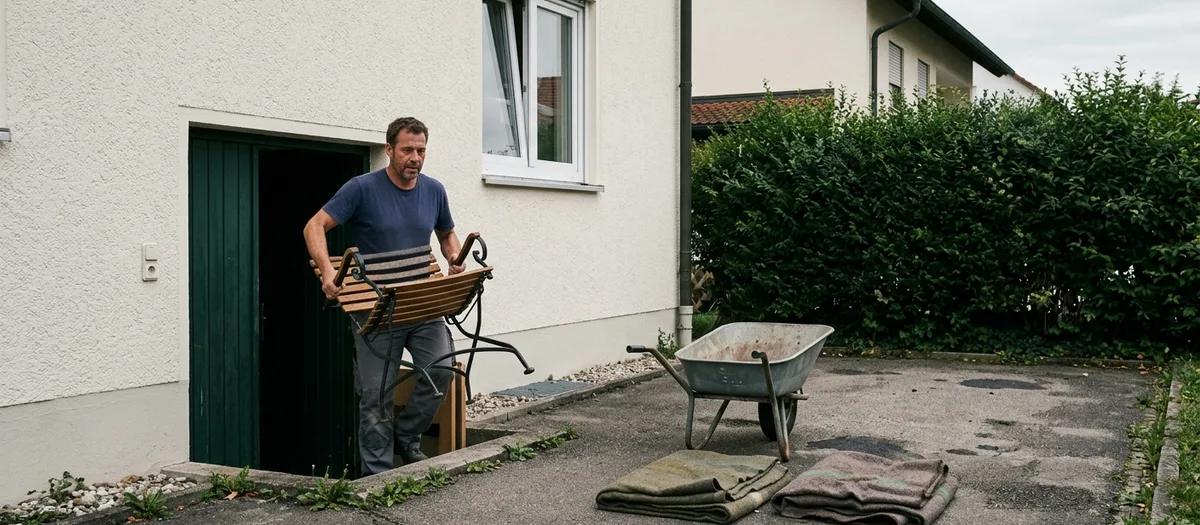 Mann trägt eine Gartenbank aus der Kellertür, daneben Schubkarre und Umzugsdecken