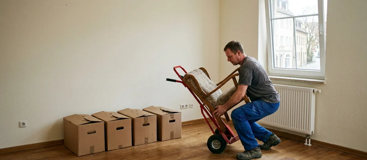 Mann kippt einen Sessel auf die Sackkarre, daneben vier gepackte Umzugskartons