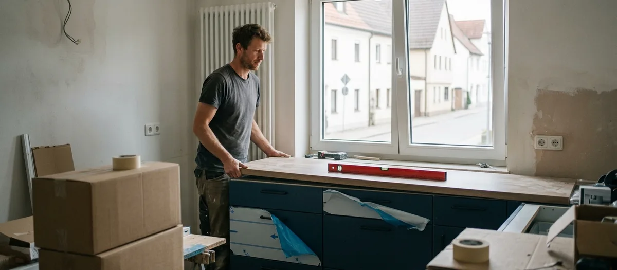 Monteur stellt die Arbeitsplatte auf die blaue Küchenzeile, darauf liegt eine rote Wasserwaage