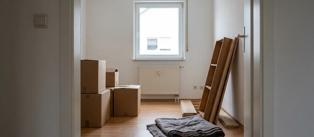 Leere Wohnung mit gestapelten Umzugskartons, Heizkörper und zerlegtem Regal am Fenster