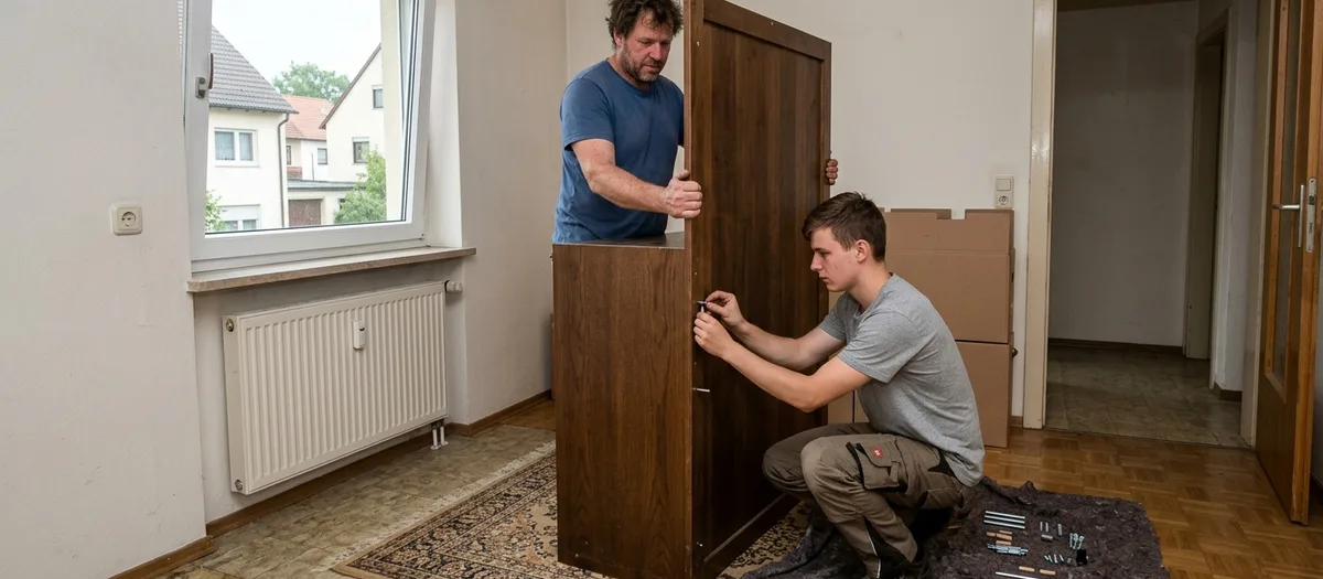 Zwei Männer bauen einen dunklen Kleiderschrank im leeren Zimmer auf, Schrauben liegen bereit