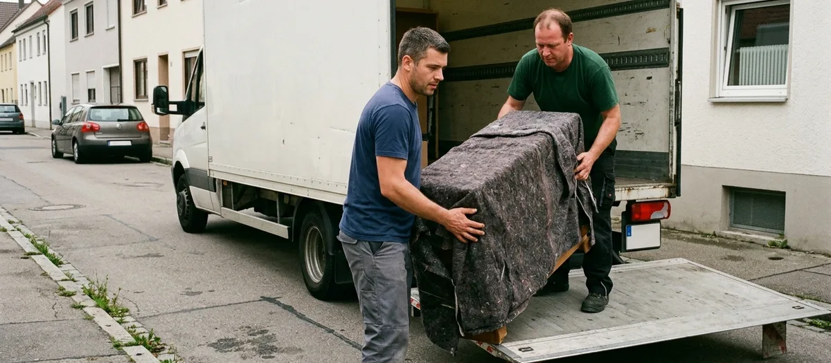 Zwei Helfer tragen ein in Decken gewickeltes Möbelstück über die Ladebordwand in den Lkw
