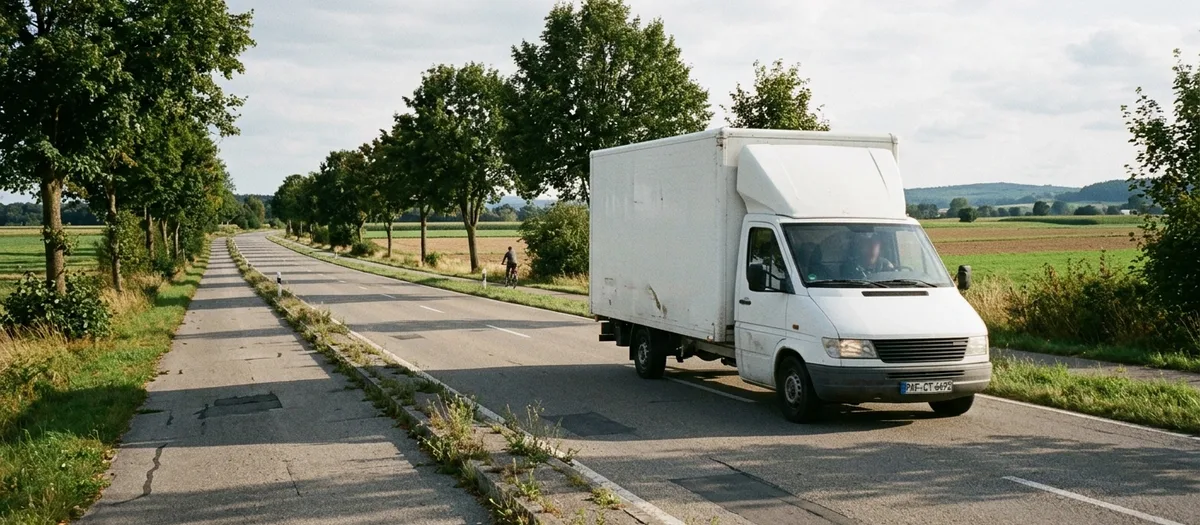 Weißer Umzugslkw fährt über eine Allee zwischen Feldern, am Rand ein Radfahrer