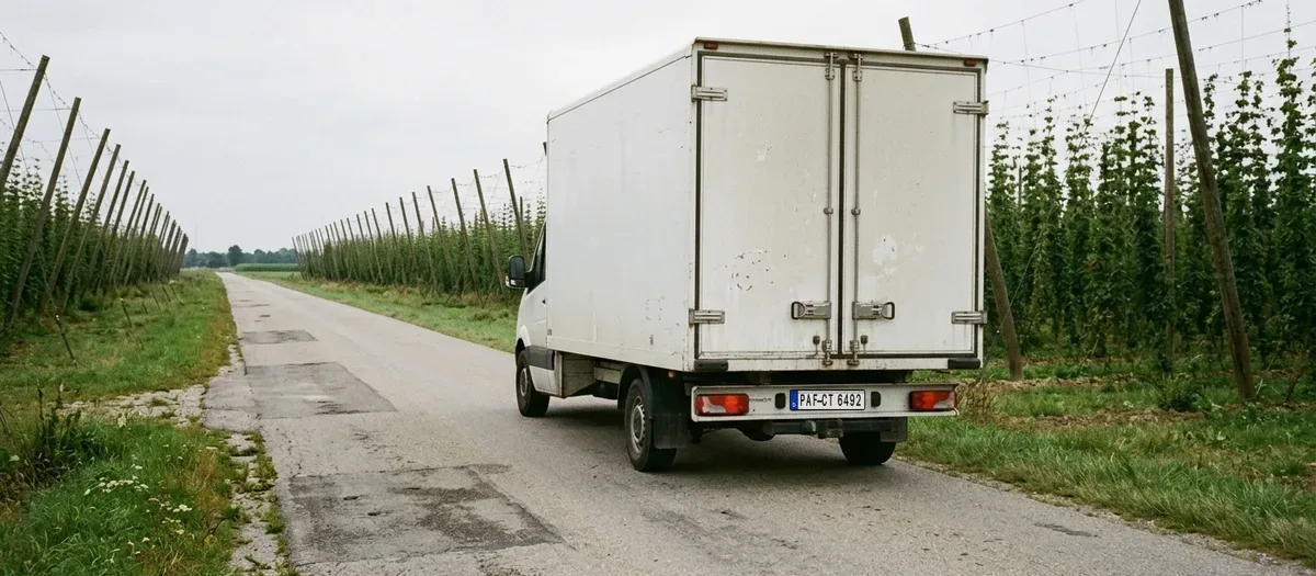 Kofferwagen auf einer schmalen Straße zwischen zwei Hopfengärten mit hohen Drahtgerüsten