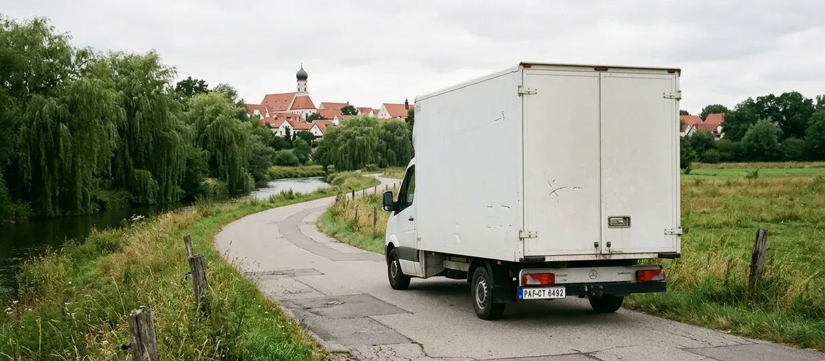 Kofferwagen auf einem Feldweg entlang der Ilm, im Hintergrund Ortsdächer und ein Zwiebelturm