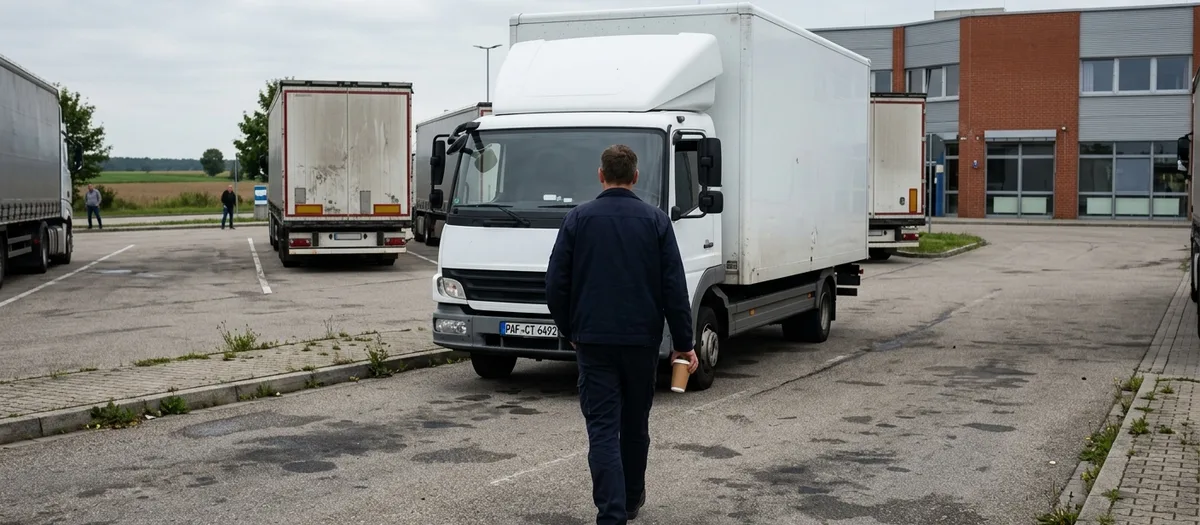 Fahrer geht über einen Rastplatz zum weißen Kofferlkw, dahinter parken mehrere Sattelzüge