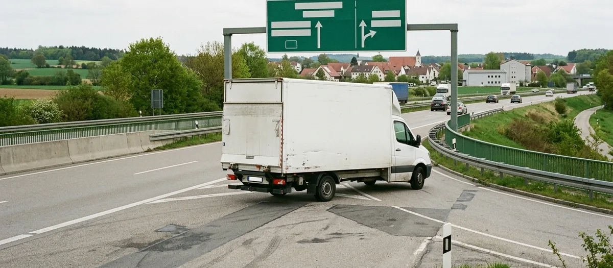 Weißer Umzugslkw auf der Autobahnauffahrt, dahinter ein Dorf mit Kirchturm und Feldern