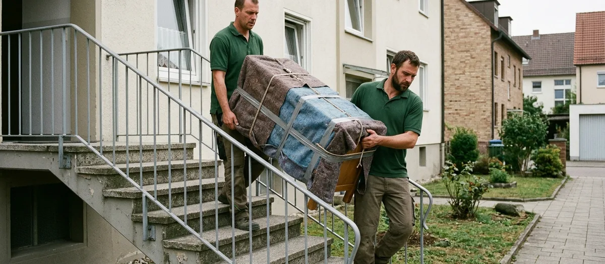 Zwei Umzugshelfer in grünen Poloshirts tragen ein in Decken gepacktes Möbelstück die Treppe hinunter
