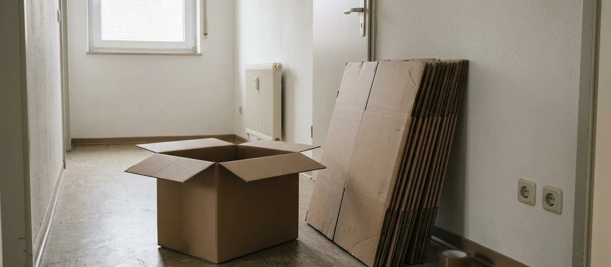 Aufgestellter Umzugskarton und gefaltete Kartons in einem leeren Zimmer mit Heizkörper