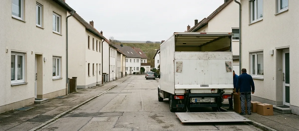 Kofferlkw mit offener Ladeklappe parkt in einer Wohnstraße, ein Helfer trägt Kartons ins Haus