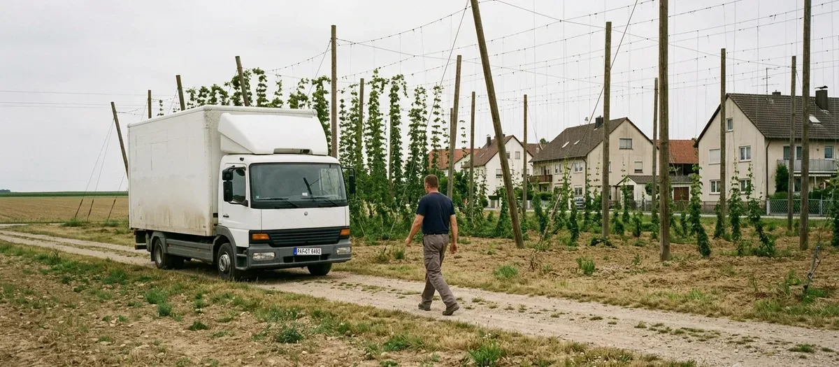 Kofferwagen auf einem Feldweg am Rand eines Hopfengartens, dahinter die ersten Häuser des Orts
