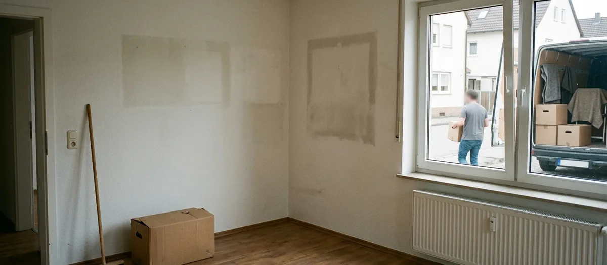 Leeres Zimmer mit Umzugskarton, durch das Fenster trägt ein Helfer Kartons zum Transporter